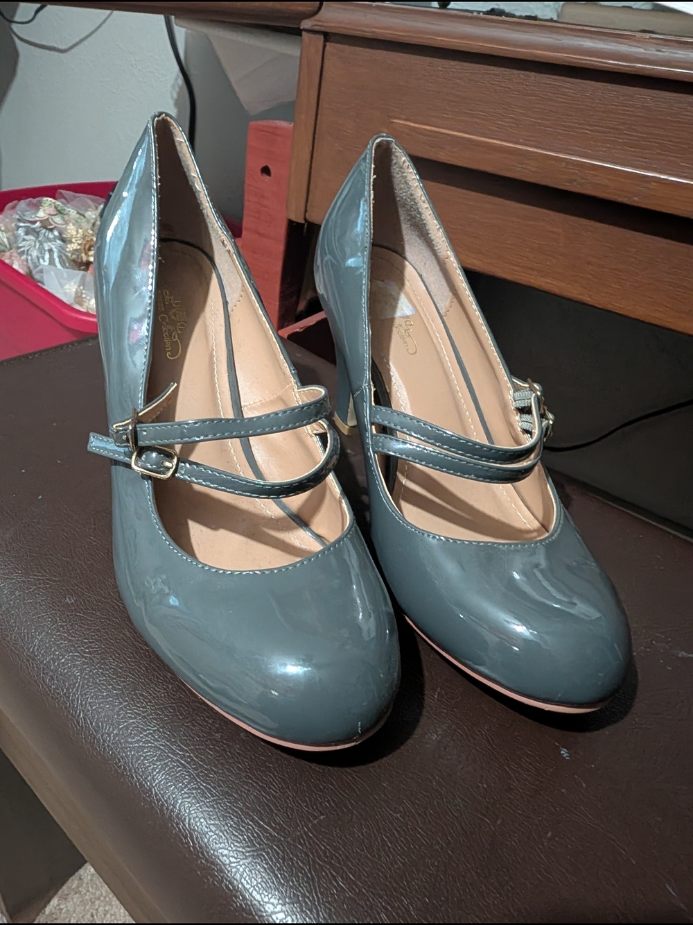 Journee Collection Patent Leather Mary Jane Pumps in Slate Gray
